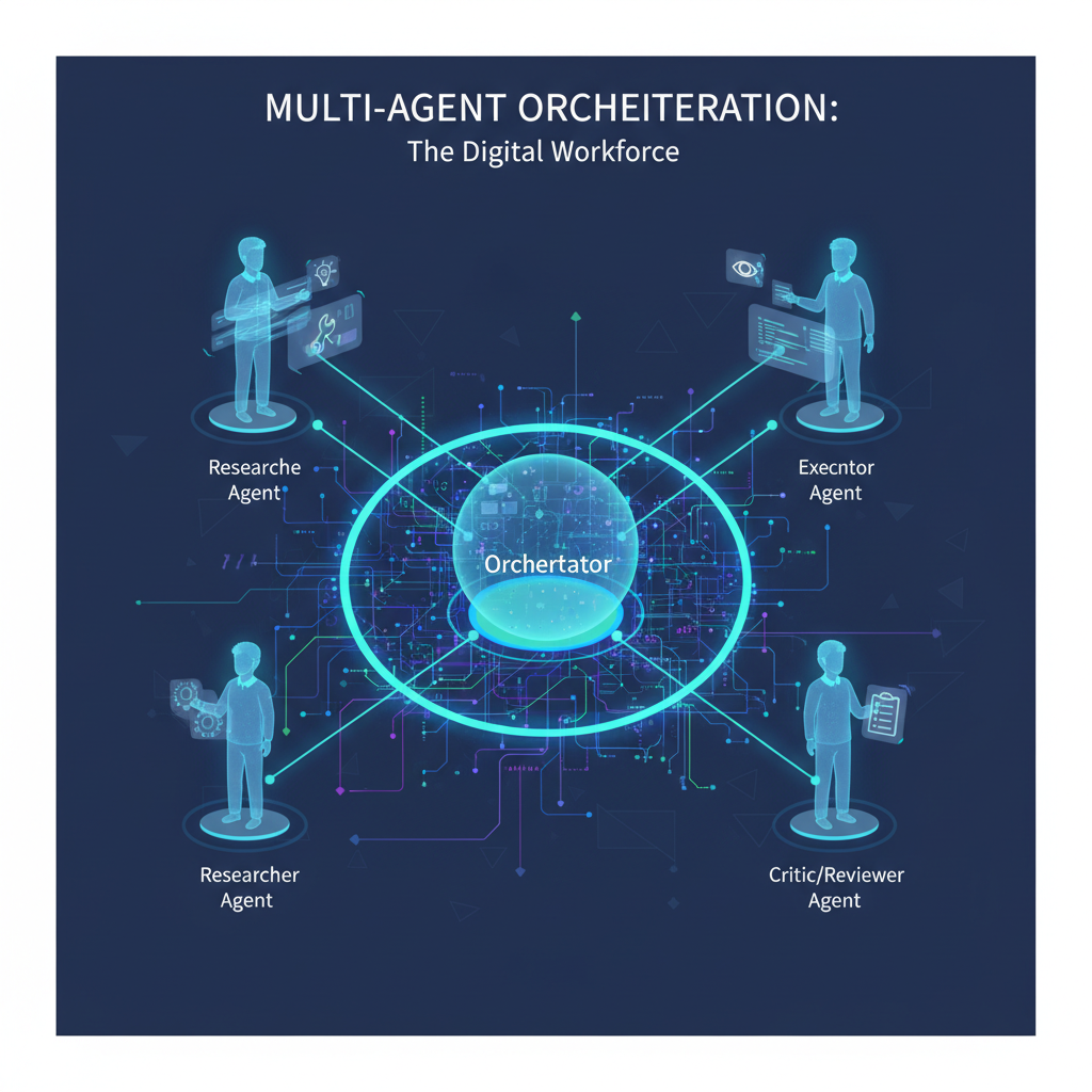中央のオーケストレーターを中心に複数のAIエージェントがネットワークで繋がるデジタルワークフォースのイメージ図。