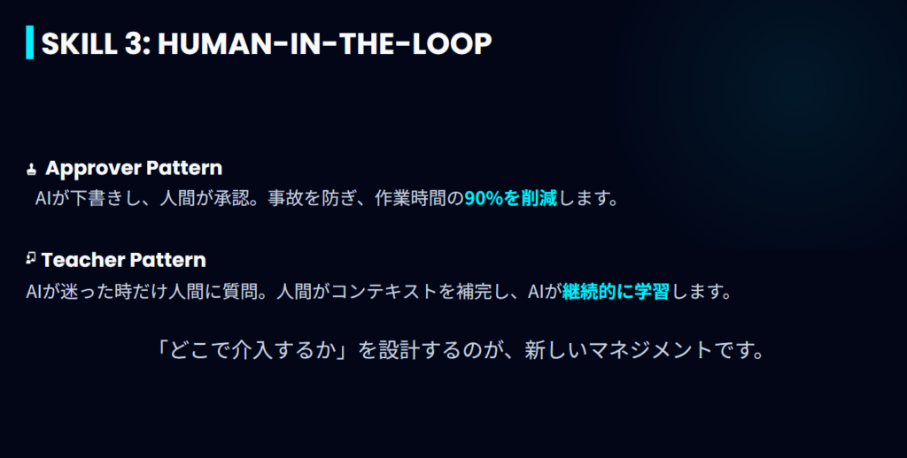 AIが下書きし人間が承認するアプルーバーパターンと、AIが質問し人間が回答するティーチャーパターンの解説図。