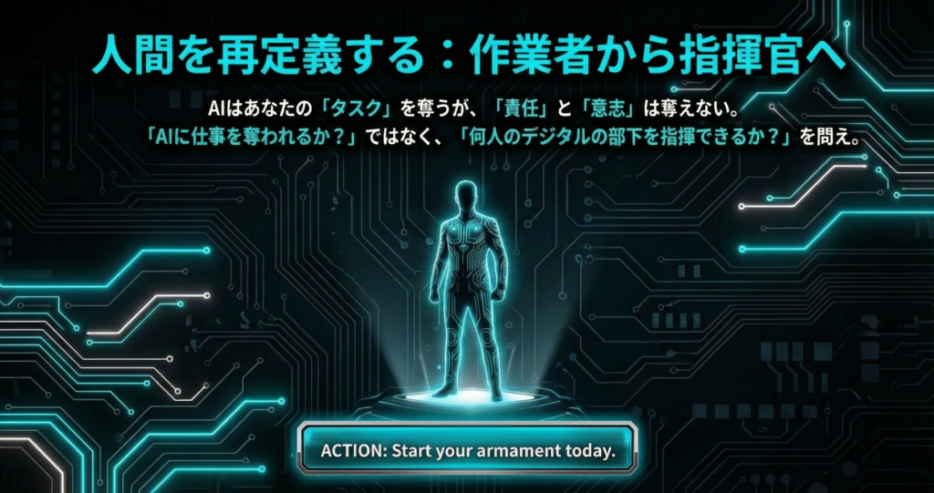 電子回路が描かれたサイバーパンク風の背景と光る人間のシルエット。AI時代において作業者から指揮官へと役割を転換することを促すテキストが含まれた画像。