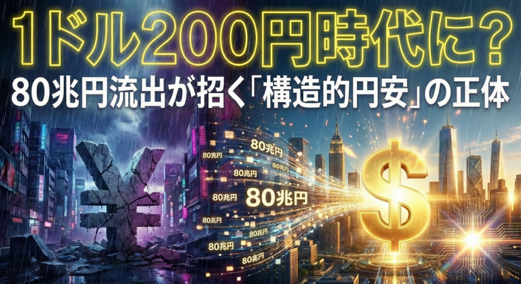 崩壊する円のシンボルと巨大なドルのシンボルが対峙する未来の都市風景