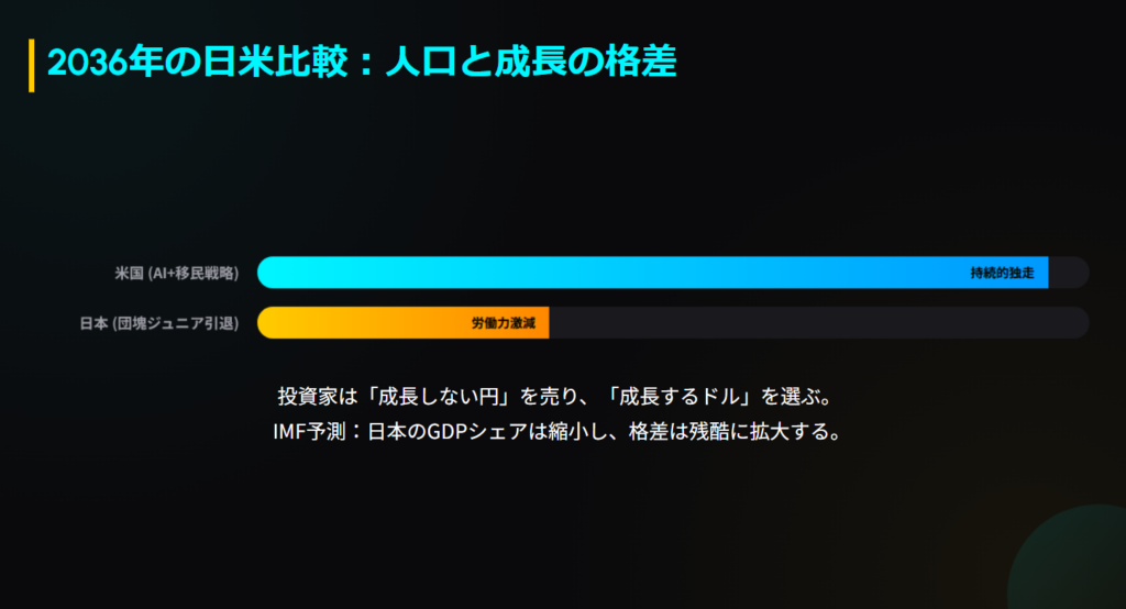 2036年における日米の人口動態と経済成長格差を比較したインフォグラフィック